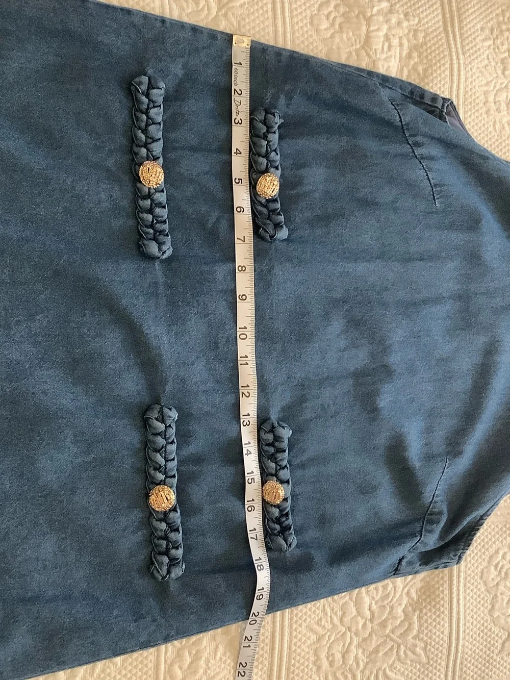 Sleeveless Chambray Midi Dress in Blue with Braided Trim - Picture 4 of 9